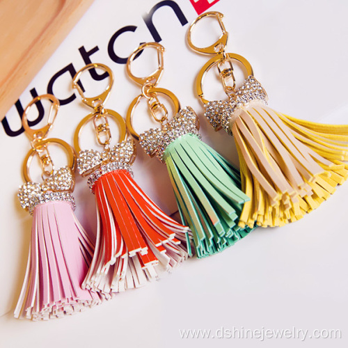 Leather Tassels Keychain Gold Crystal Bowknot Charm Keyring